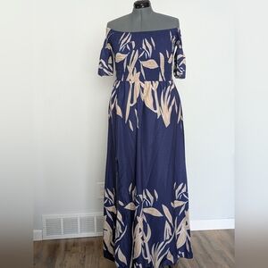 Elegant Navy Blue Leaf Print Maxi Dress